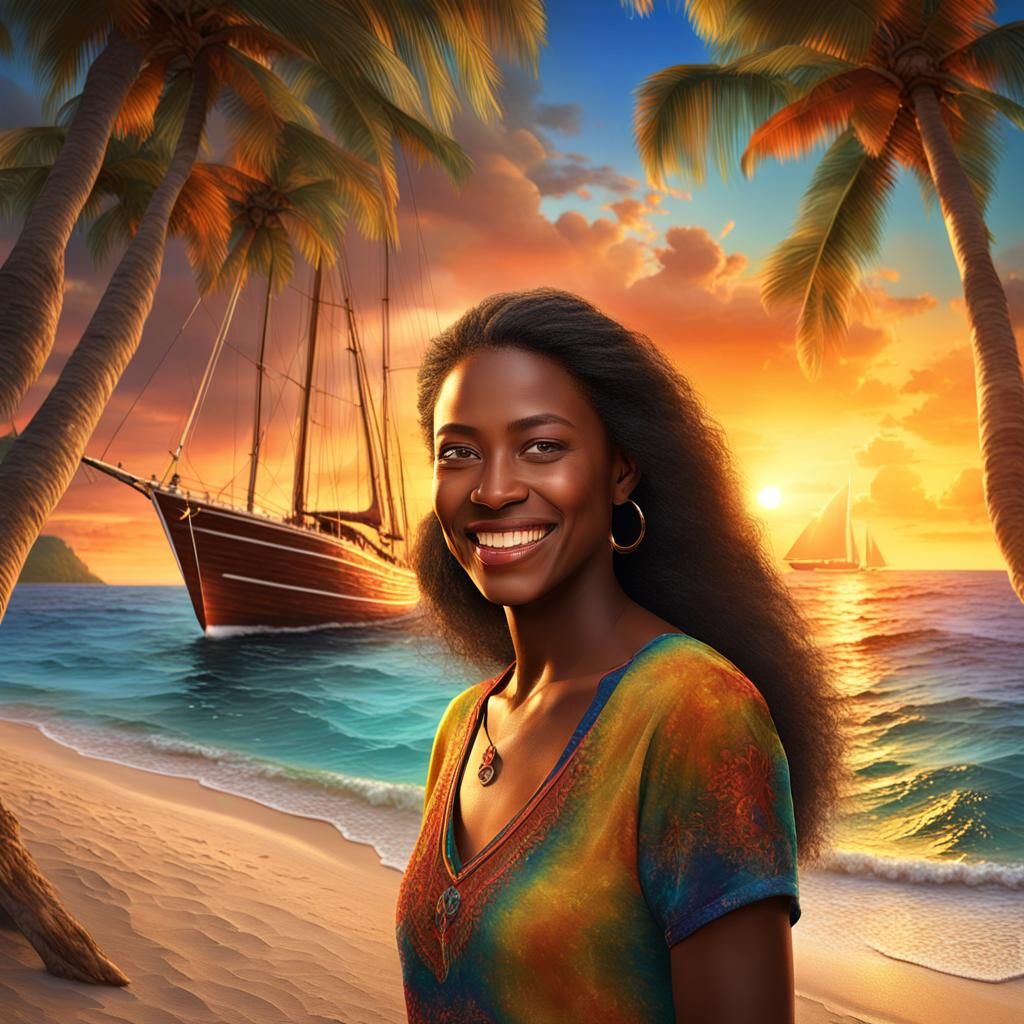 Caribbean Woman on Tropical Beach at Sunset