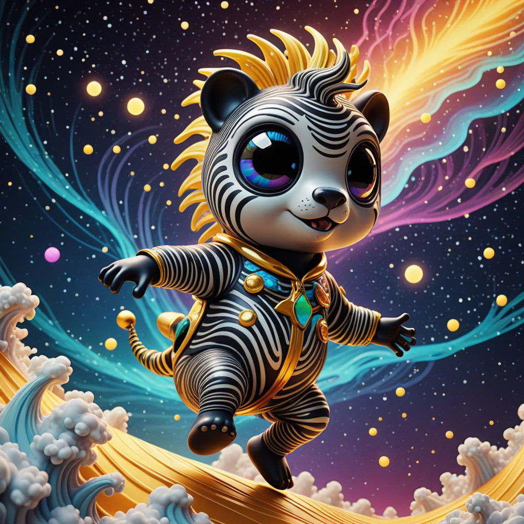 Kawaii Cosmic Zebra Surfer in a Whirling Comet's Glow