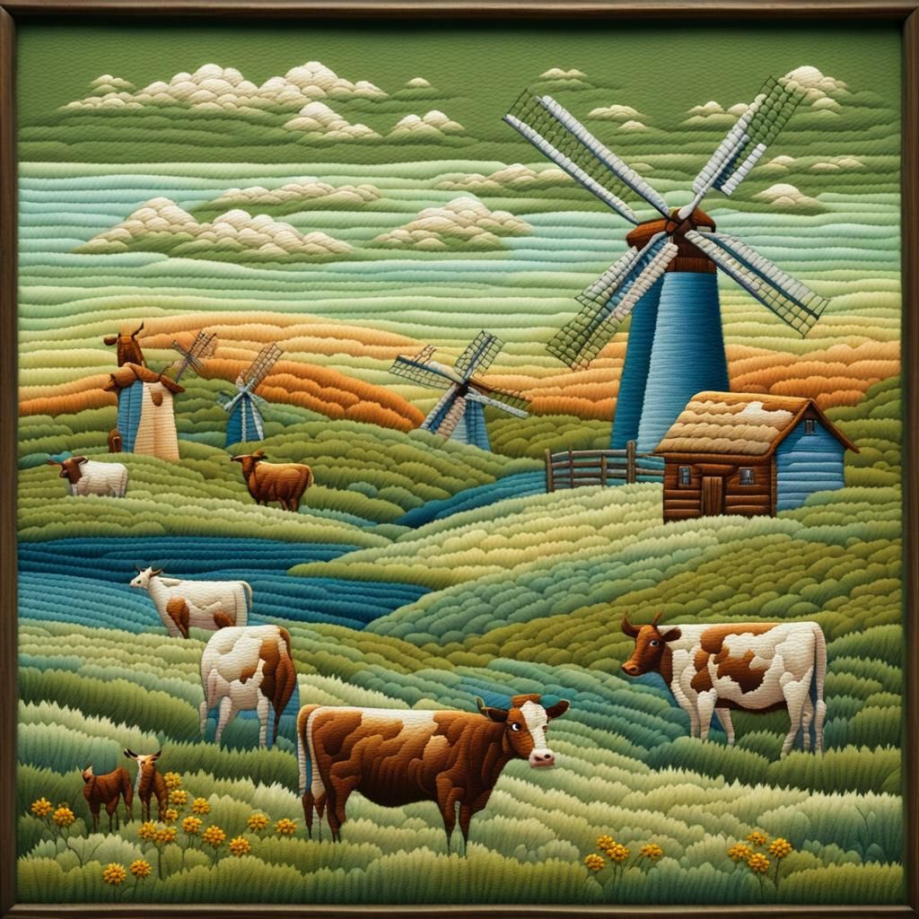Intarsia Embroidery of Summer Rural Landscape