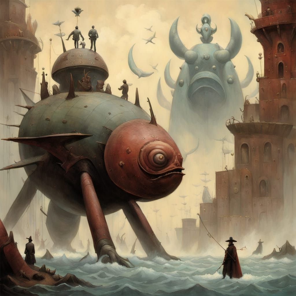 Surreal Submarine Walker Moorage in a Dreamlike Scene