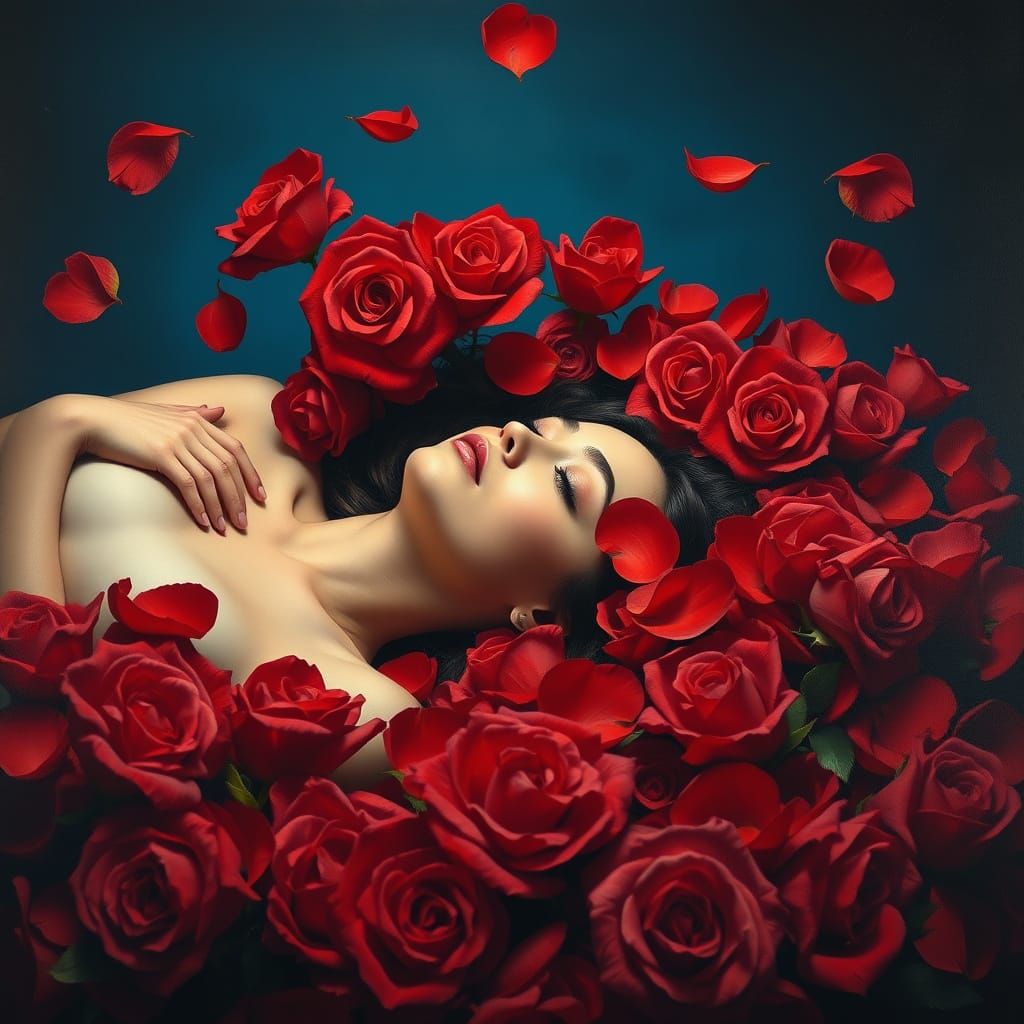 Woman in a Dreamlike Bed of Melting Roses