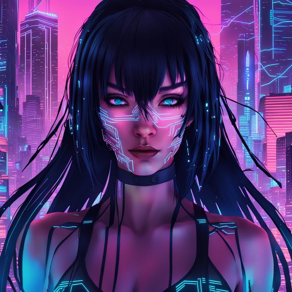 Cyberpunk Anime Goddess with Neon Cityscape