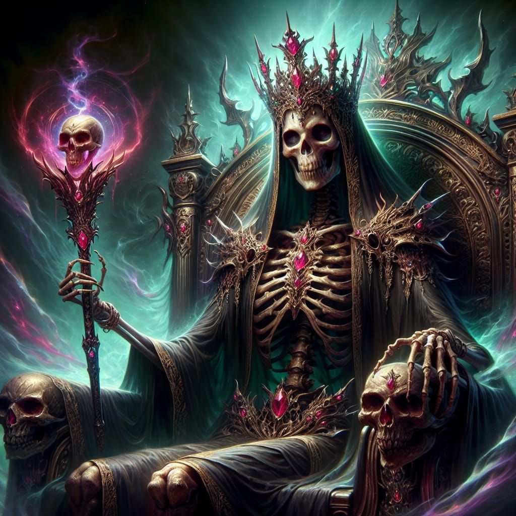 Dark Skeleton Lich Princess on Throne: Fantasy Art