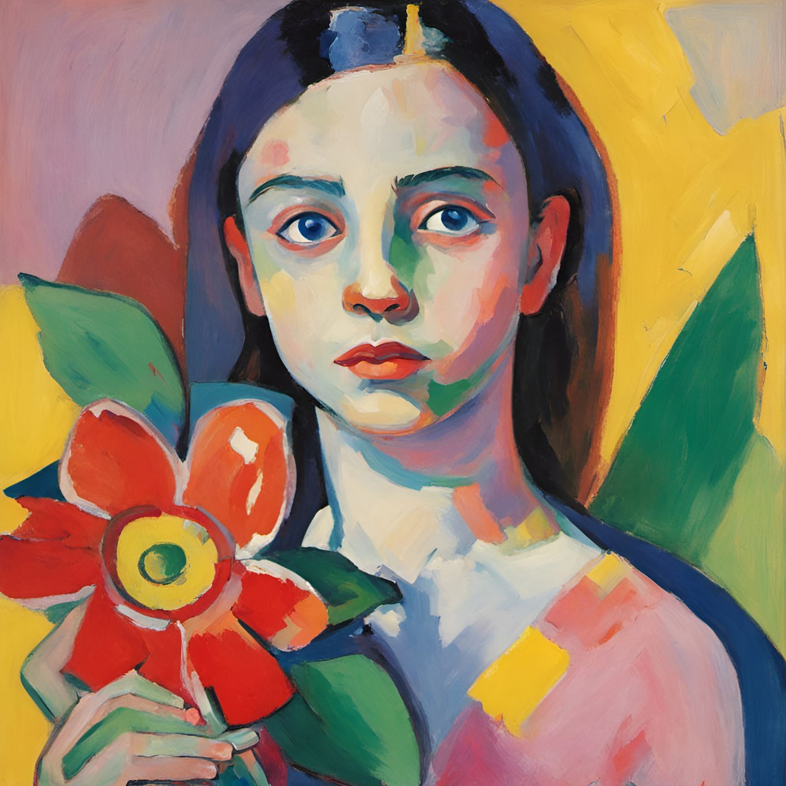 Girl with Flower in Fauvist Style