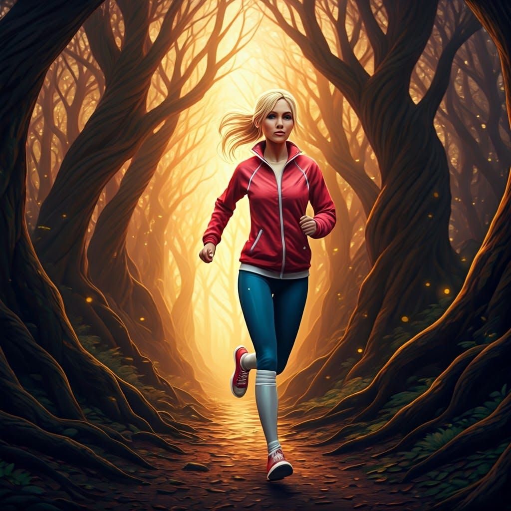 Woman Runs Through Mystical Forest, Fantasy Concept Art