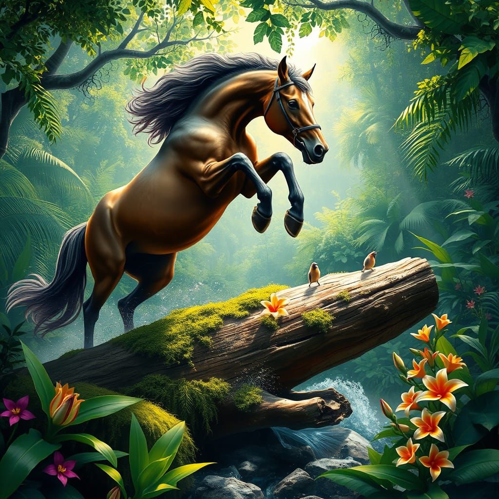 Majestic Horse Jumps Over Jungle Log in Vibrant Realistic St...