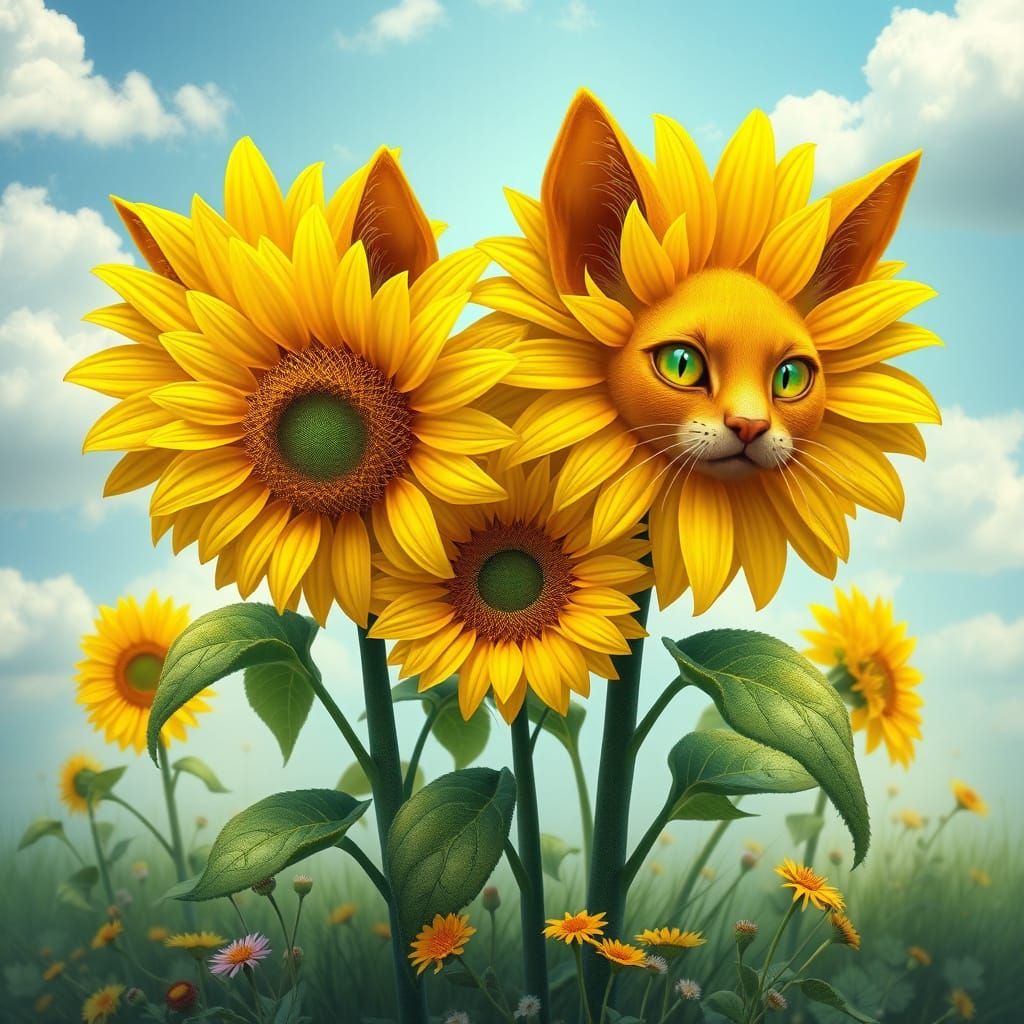 Whimsical Sunflowers with Feline Faces in a Magical Landscap...