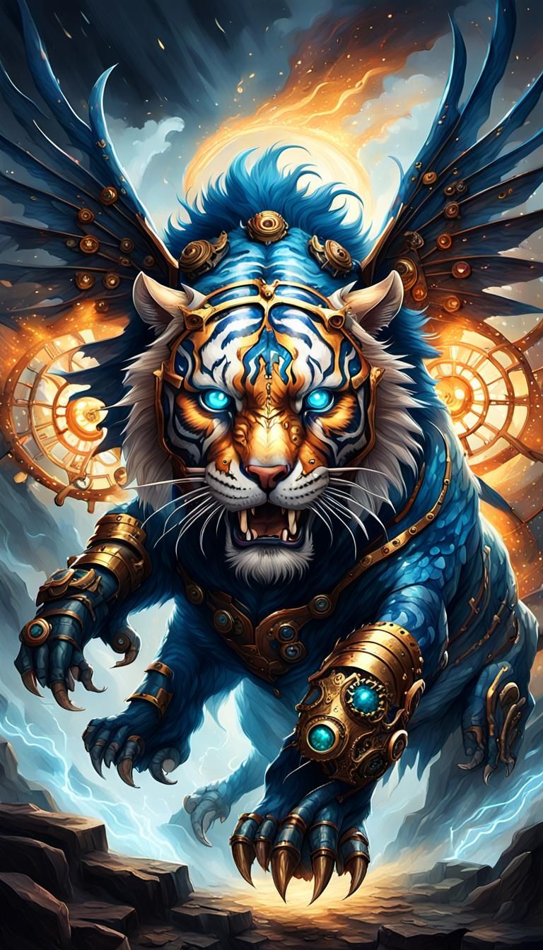 Steampunk Tiger Monster Roaring in Storm Clouds