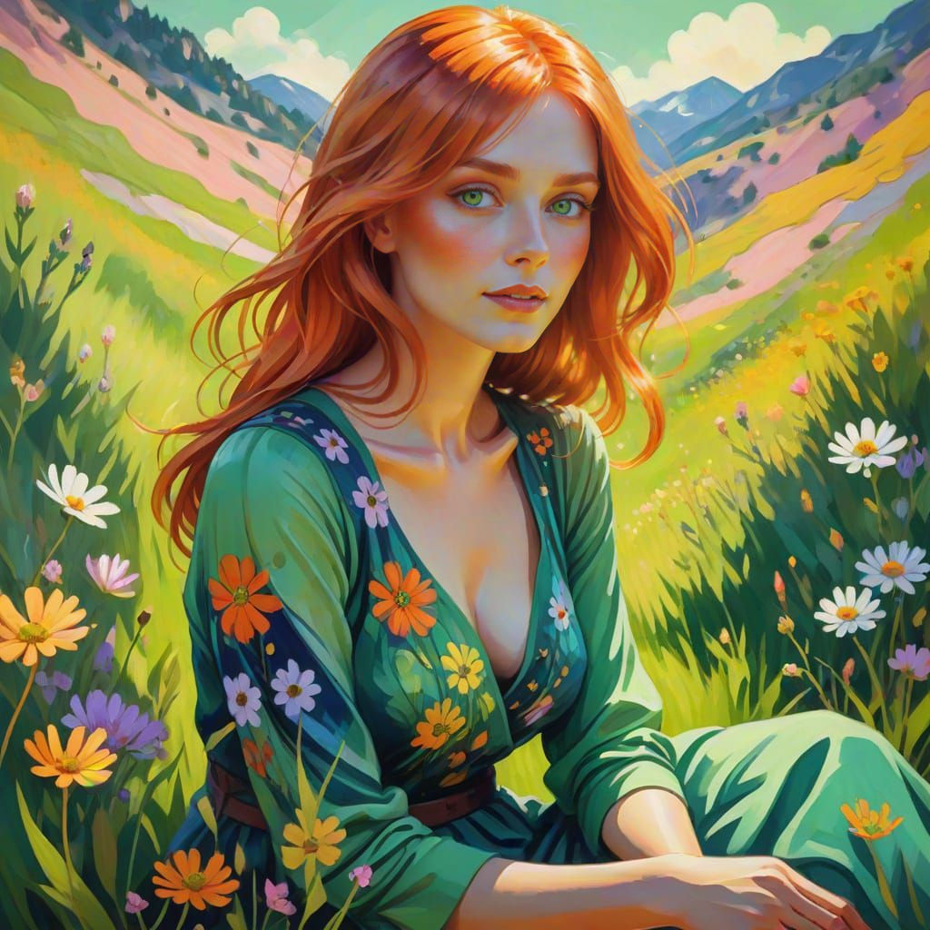 Beautiful Woman with Copper Hair in Wildflower Field