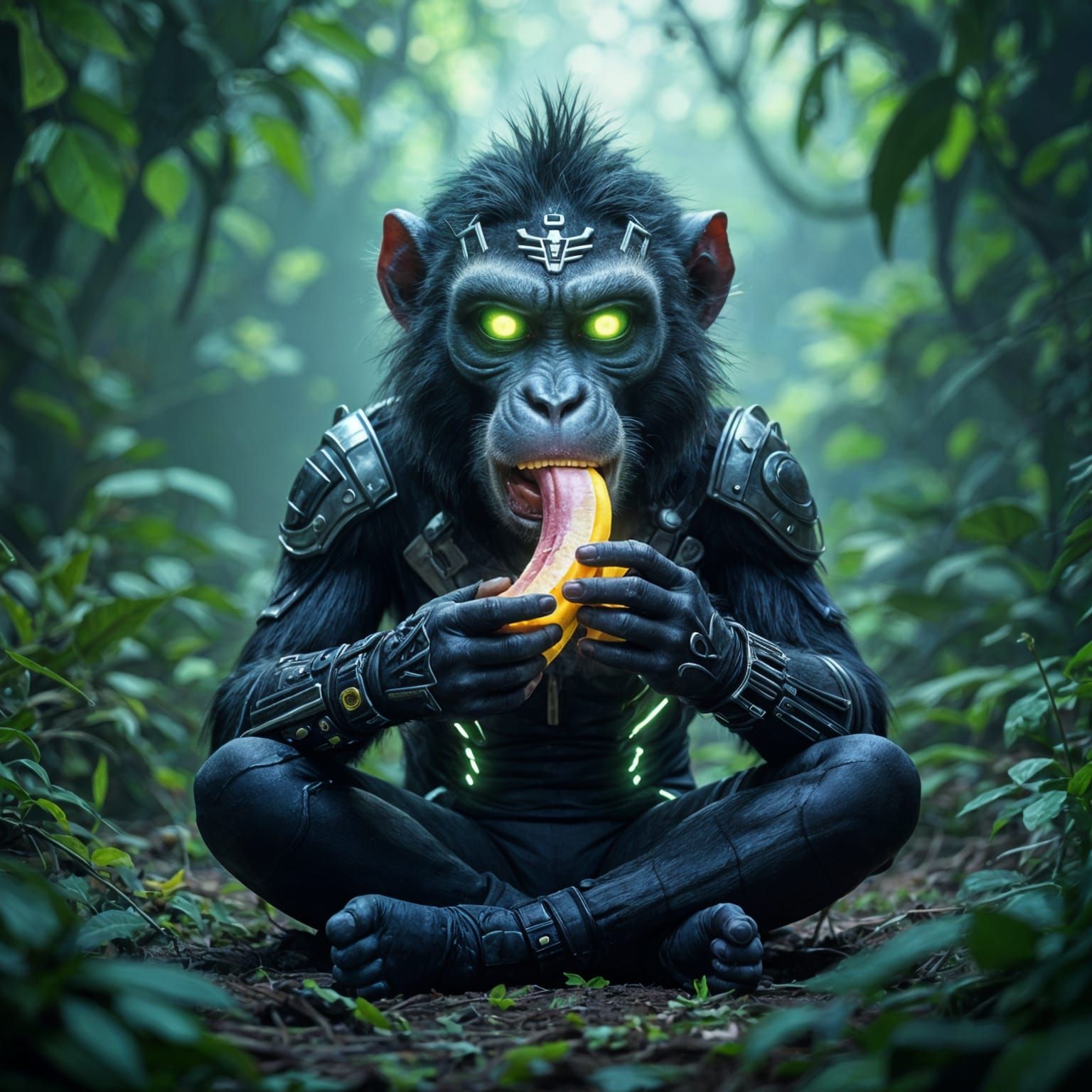 Mischievous Baboon Alien Eats Glowing Banana in Jungle