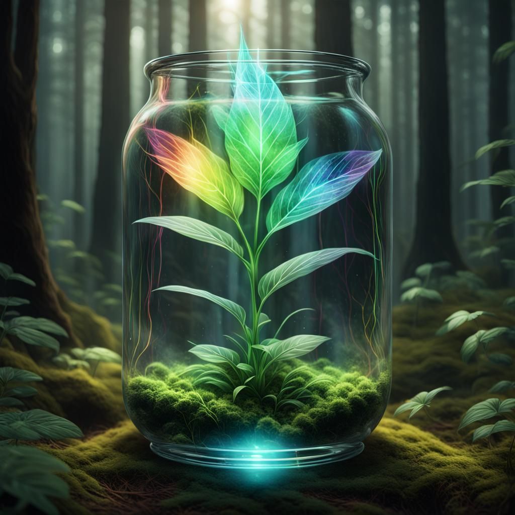 Magical Rainbow Plant Illuminates Forest: Hyperrealistic Art