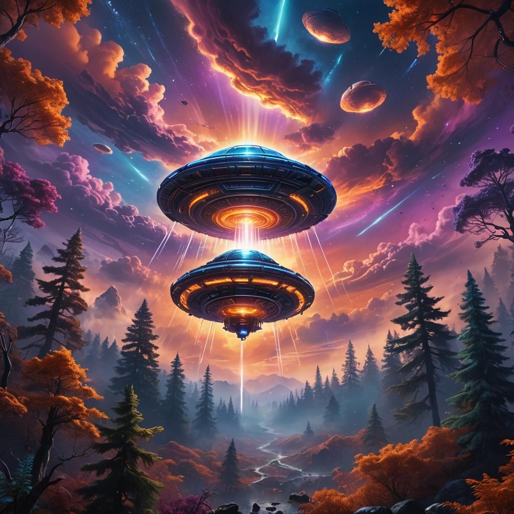 UFO Hovers Over Mystical Forest: Digital Art