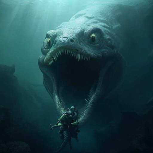 Gargantuan Moray Eel Sea Monster Devours Diver in Dark Depth...