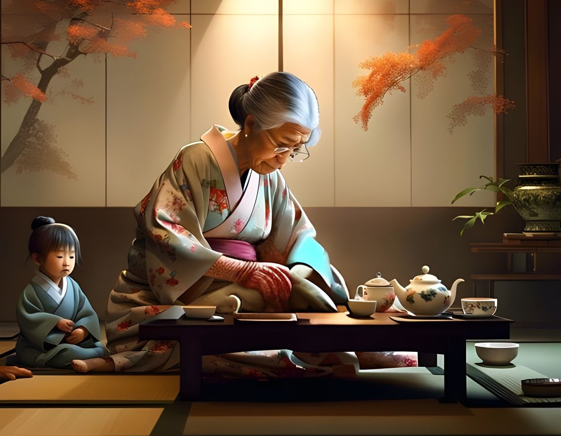 Japanese Grandma's Detailed Tea Ceremony, Hyperrealistic Art