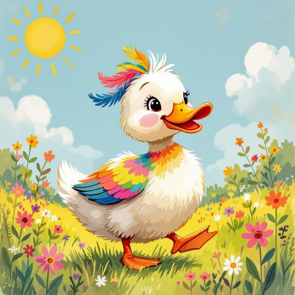 Whimsical Duck in Sunny Meadow, Watercolor Style