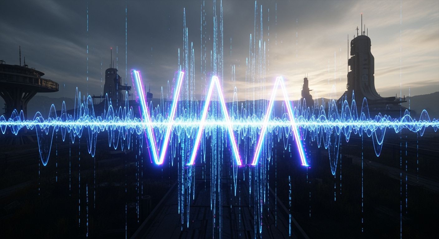 Luminous Frequency Waveforms Spell 'VAA' in Sci-Fi Landscape