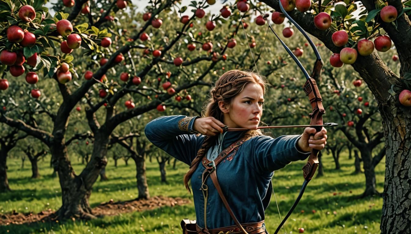 Woman Archer in Orchard, Hyperrealistic 64MP Photo