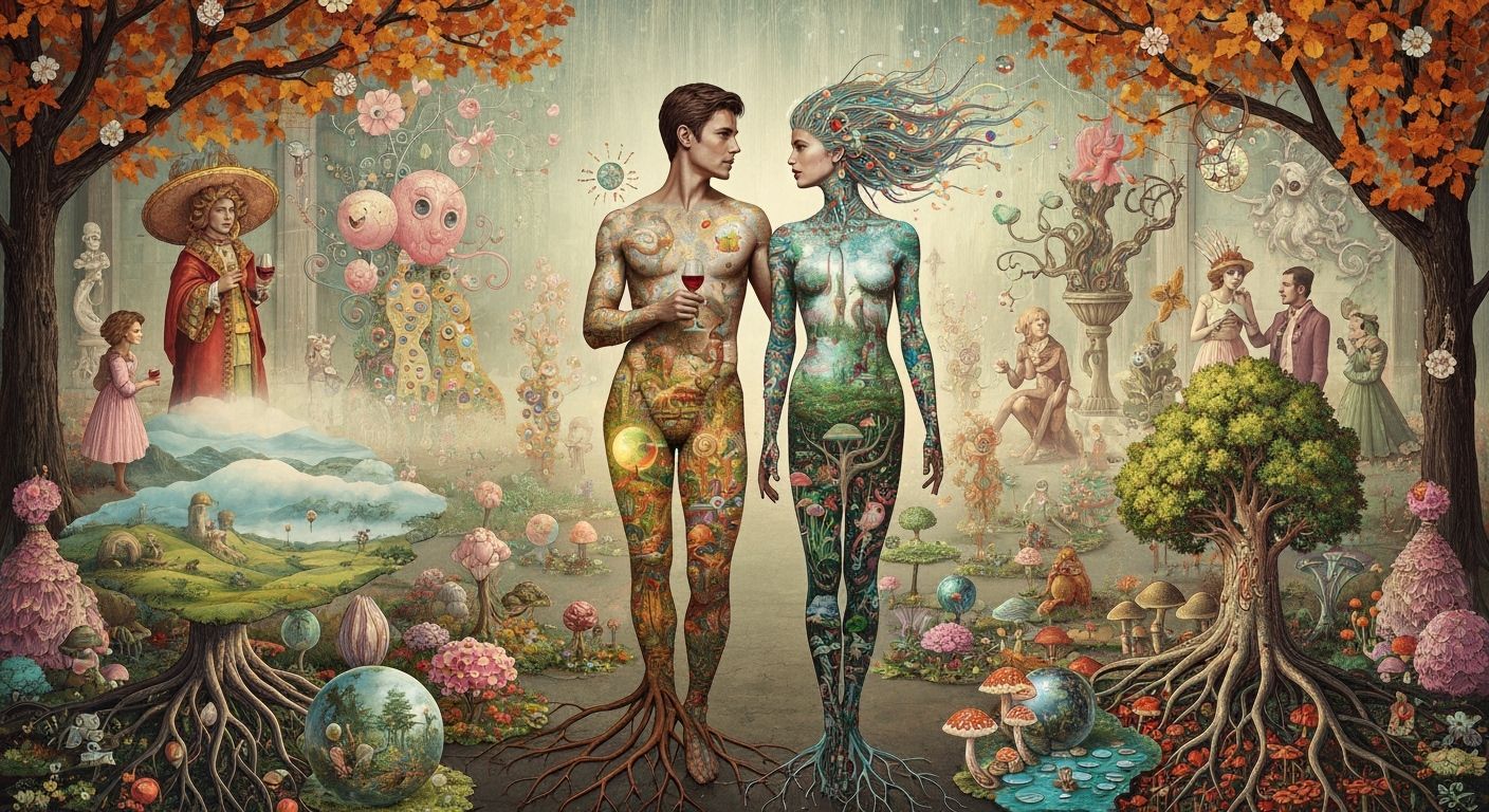 Bioluminescent Garden with Mirrored Roots and Dreamlike Crea...