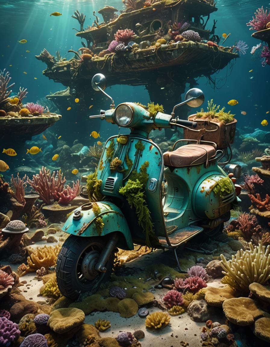 Sunken Vespa Motorcycle Thriving as a Coral Reef