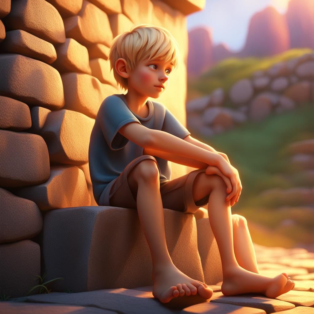 Blonde Boy on Stone Wall in Golden Hour