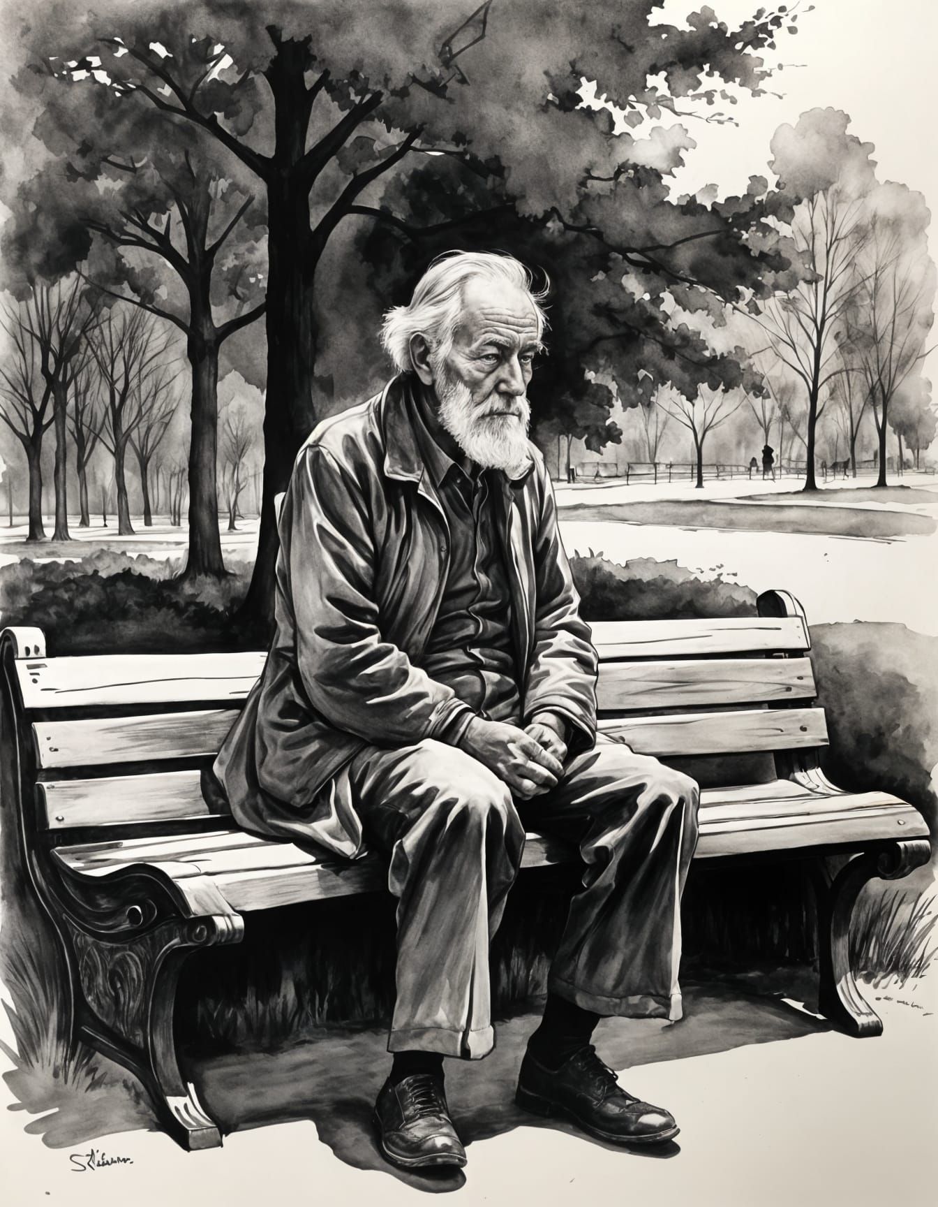 Ink Wash Painting of Old Man on Park Bench