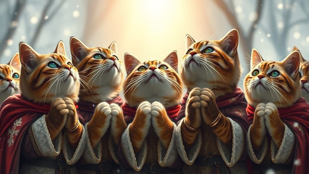 Cats in Medieval Attire Praying in Snowy Scene