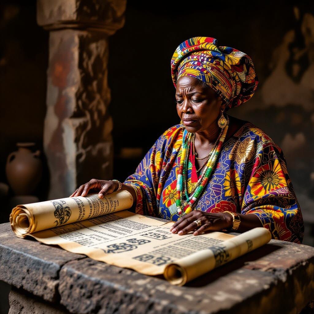 Horrified Woman with Ancient Scroll in Dramatic Lighting