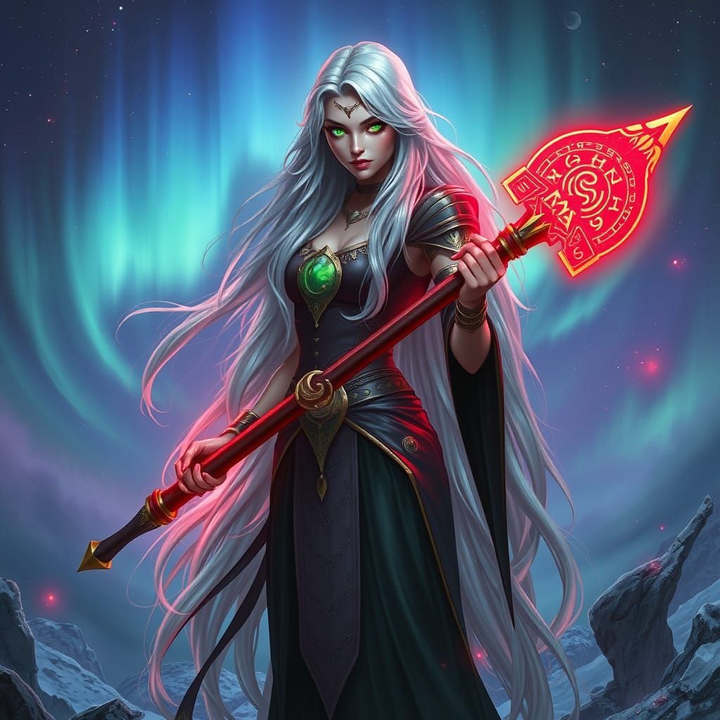 Mystical Sorceress Wields Radiant Red Scepter Amidst Aurora...