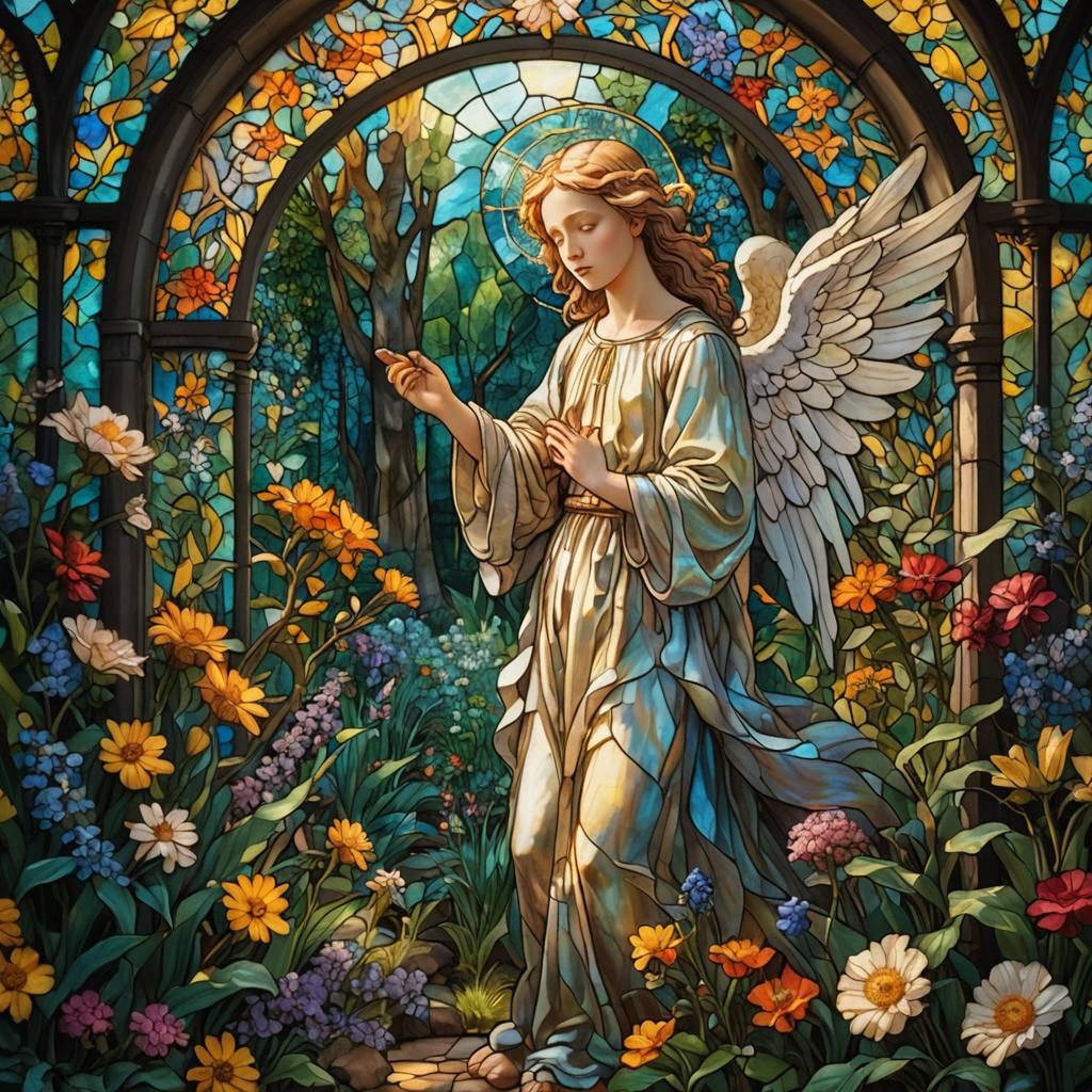 Stained Glass Angel in a Garden, Van Gogh Style