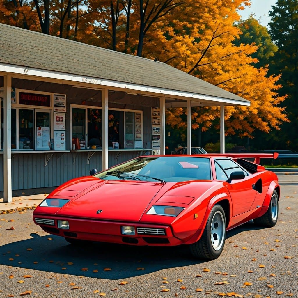 Lamborghini Countach in Autumn Foliage, Watercolor Style