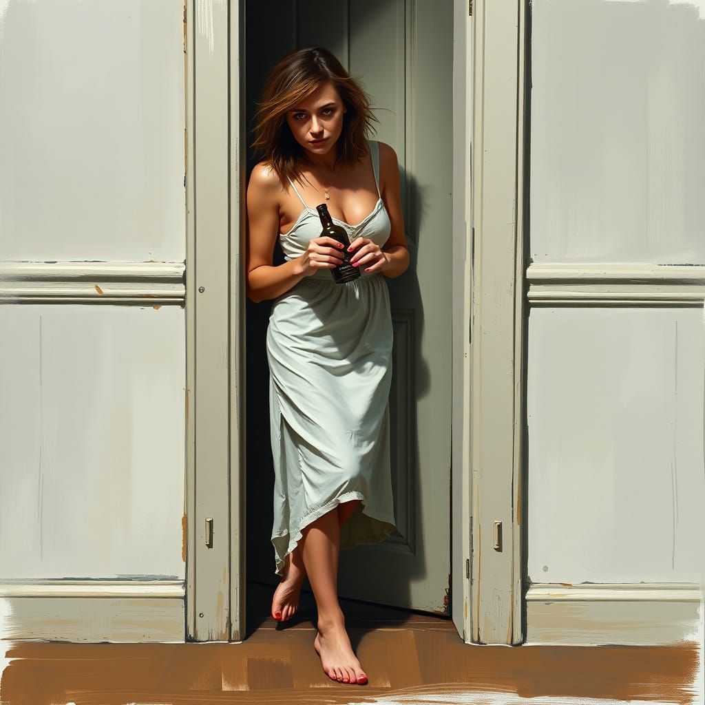 Tormented Woman Leans Against Door Frame in a State of Drunk...