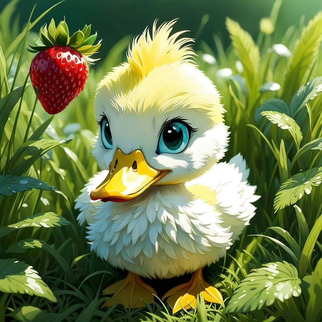 Strawberry Duckling in Grass: Chibi-Style Digital Art