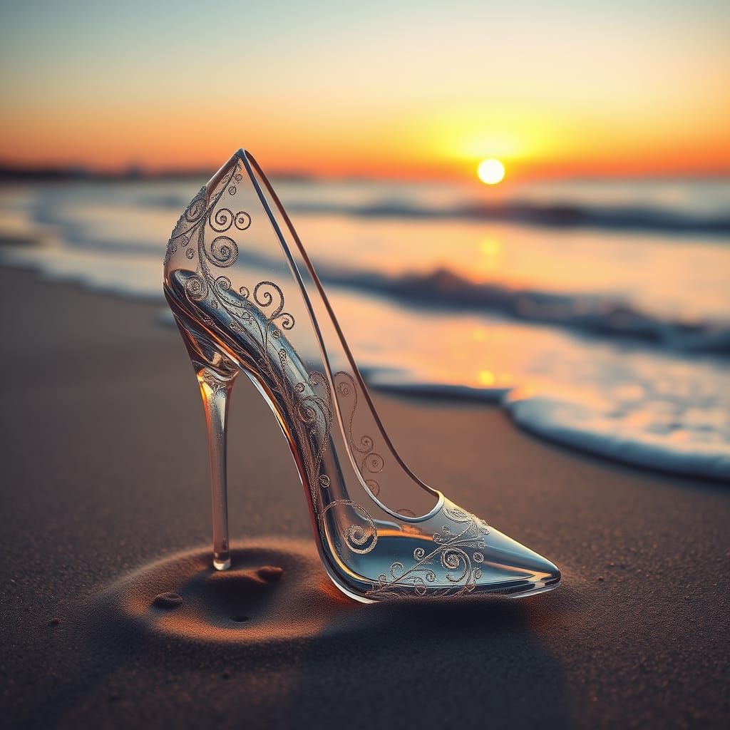 Crystal Stiletto Shoe on Serene Beach at Sunset