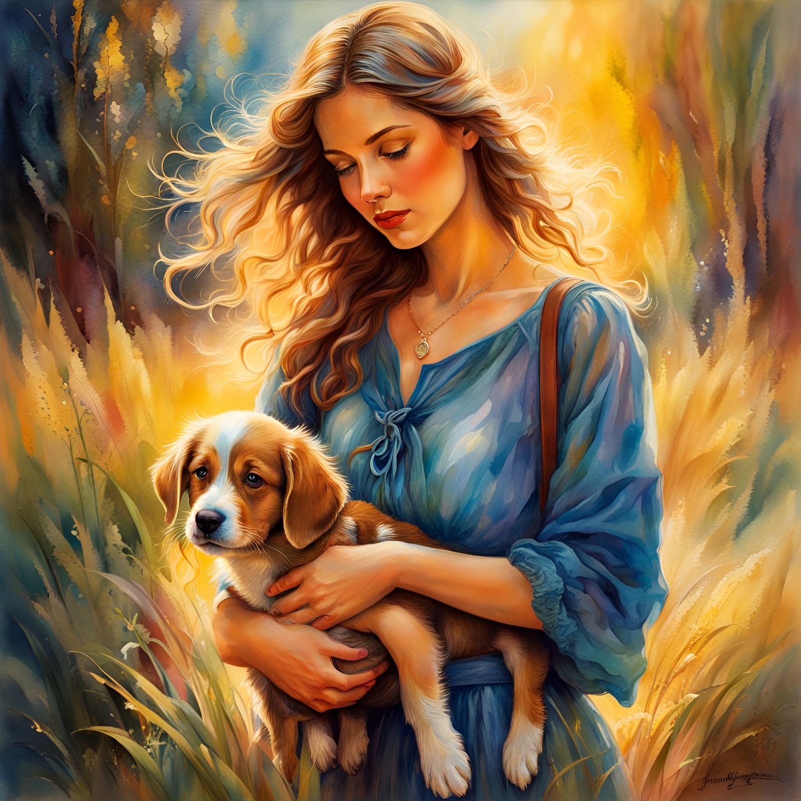 Woman with Puppy in Watercolor Illustration