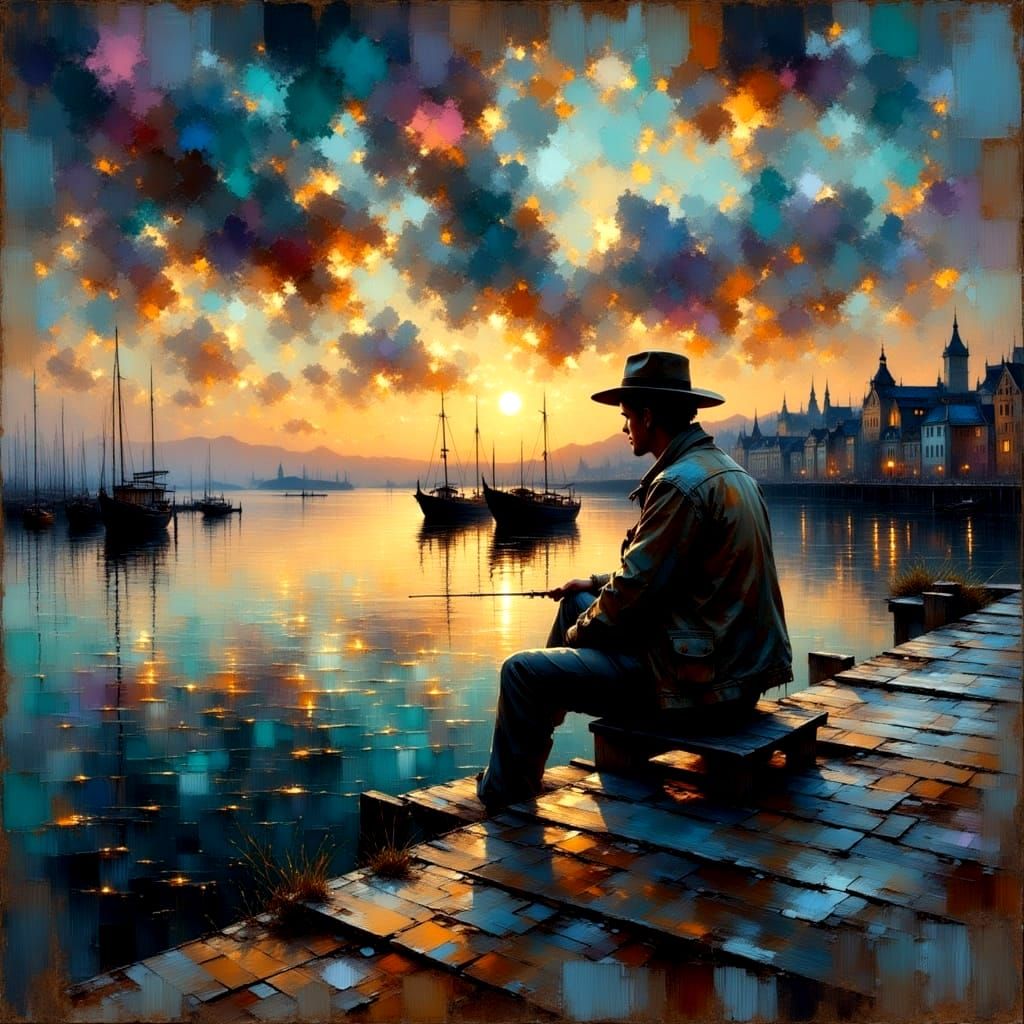 Twilight Fisherman: Impressionistic Portrait on the Dock