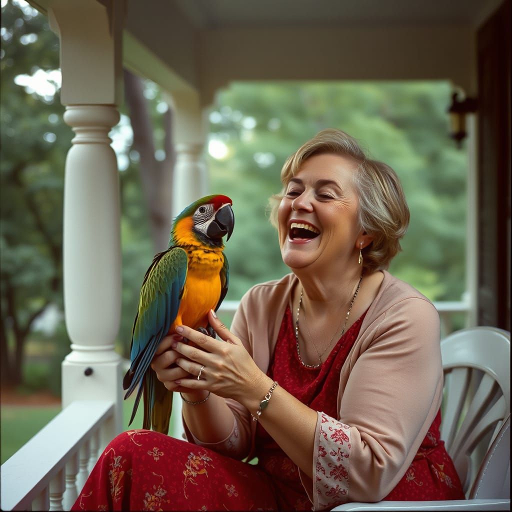 Woman Sings with Parrot on Porch in Cinematic Style