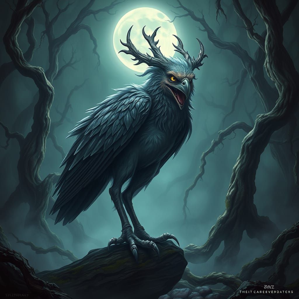 Mystical Bird of Legend Soars in Moonlit Forest