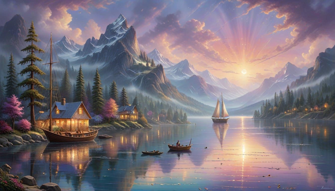 Golden Sailboat on Lake at Twilight, Oil Painting