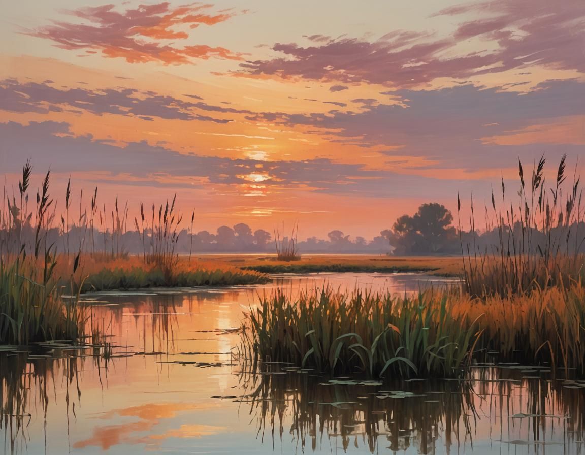 Marsh at Sunset: Impressionist Landscape Art