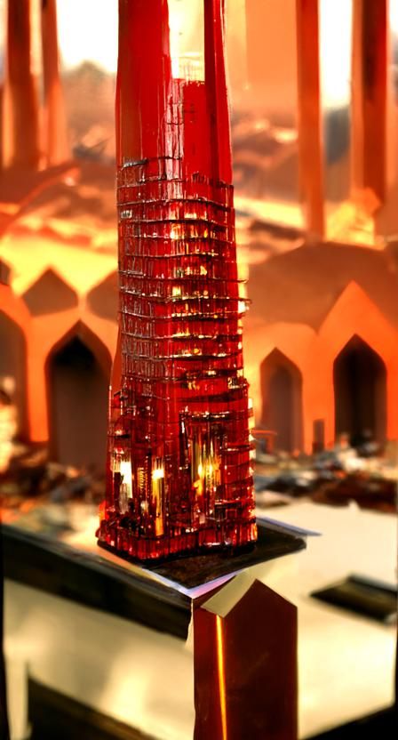 Red and Gold Skyscraper in Solarpunk Style