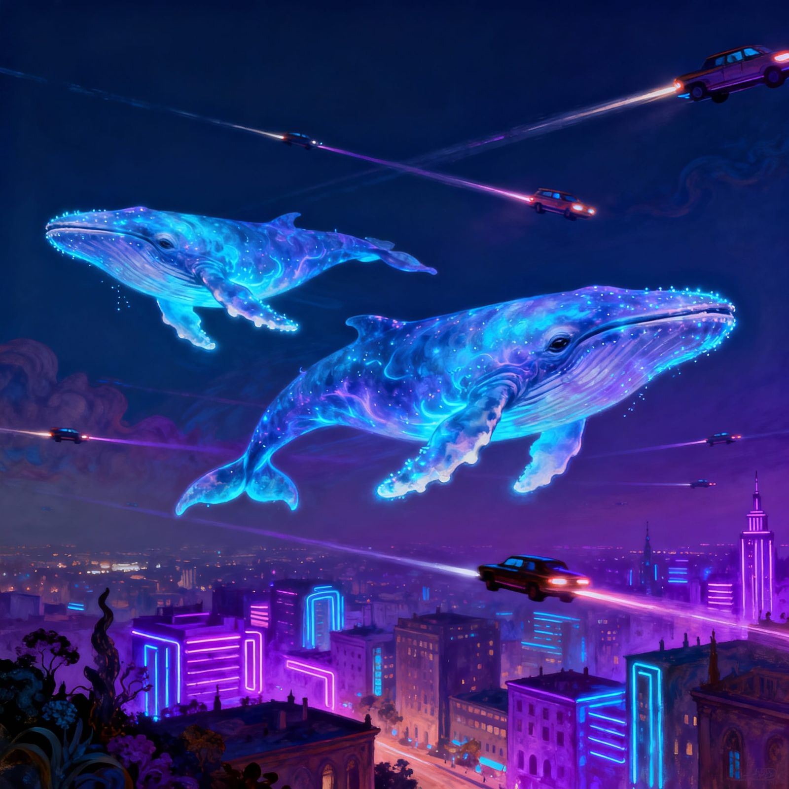 Surreal Whales Flying Over Neon Cityscape