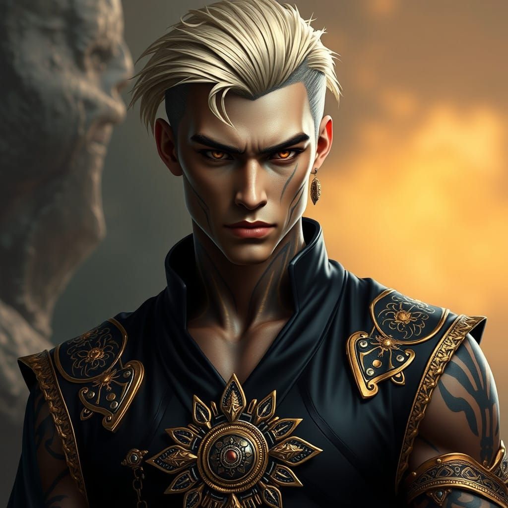 Regal Humanoid Warrior with Golden and Black Eye, Intricate...