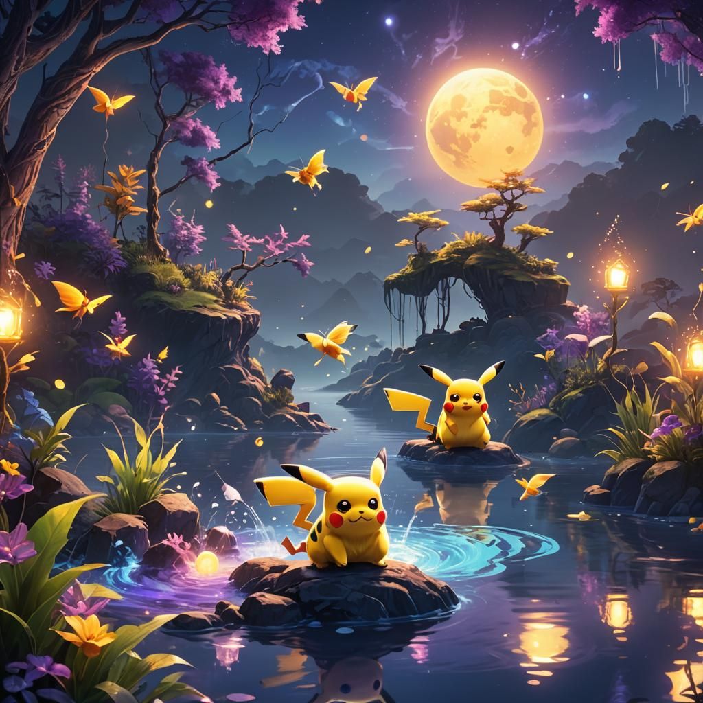 Pikachu Fishing in Moonlit Lake: Fantasy Concept Art