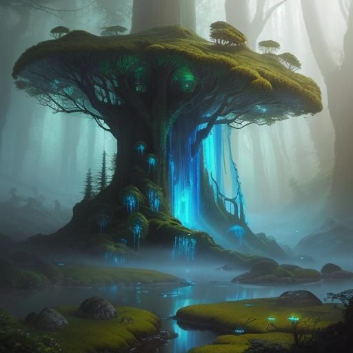 Luminous Mushrooms in Mystical Mountain Cave