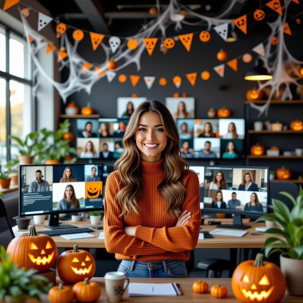 Young Woman in Halloween Office with Zoom Screens