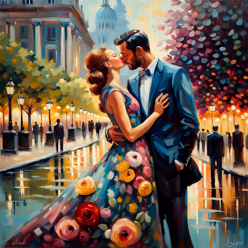 Romantic Kiss in City Park: An Impasto Oil Painting