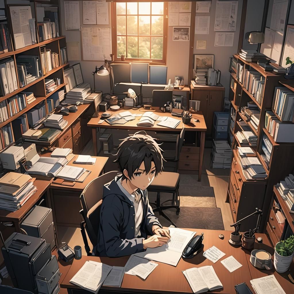 Anime Style Young Man Studying at Desk