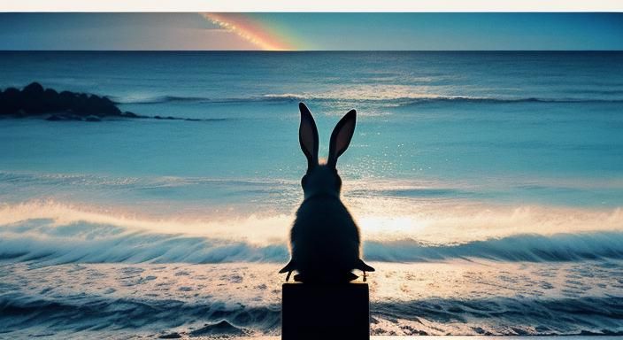 Rainbow Chibi Rabbit at Stunning Beach Sunset Ink Drawing