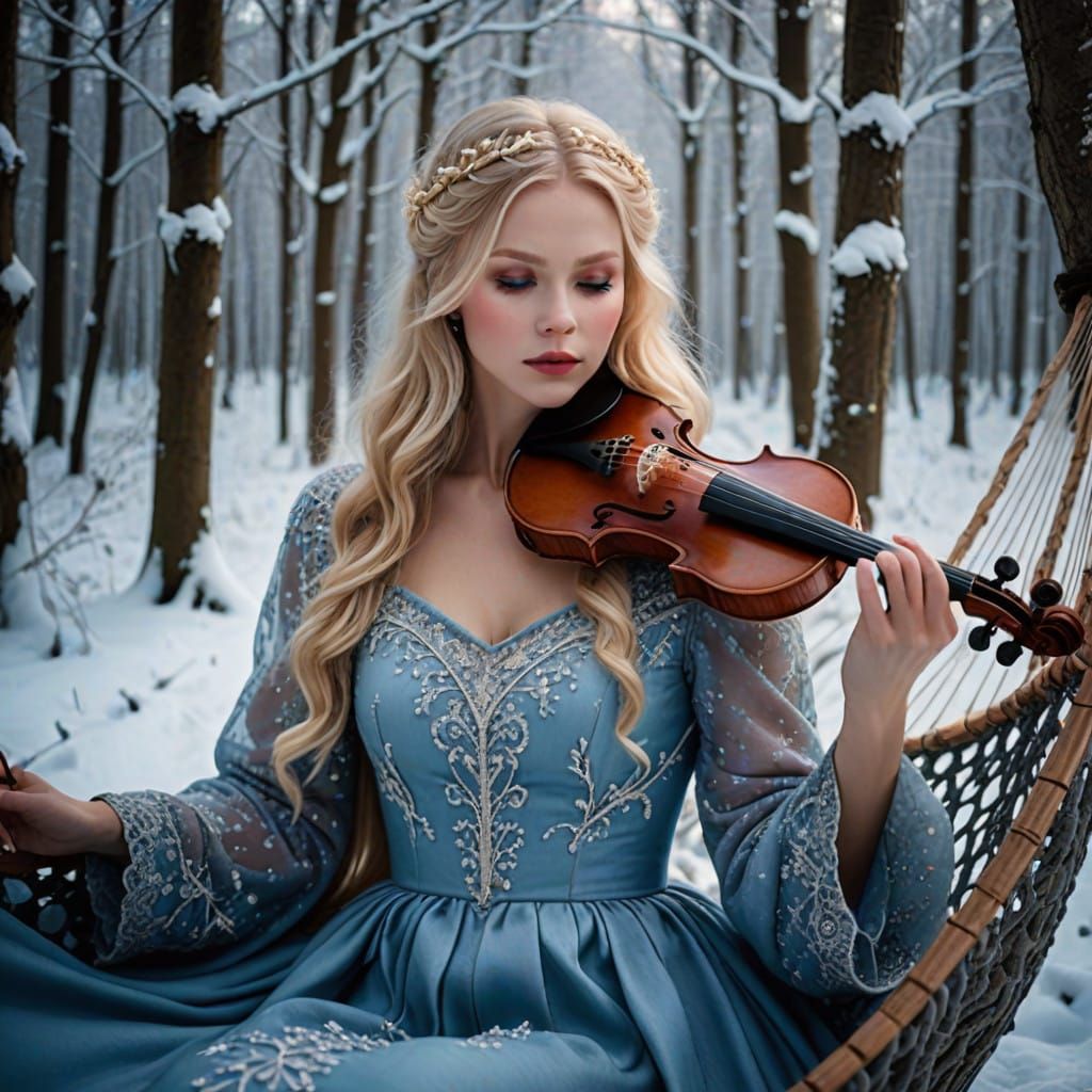 Snowy Winter Scene of a Blonde Woman Playing a Violin in a F...