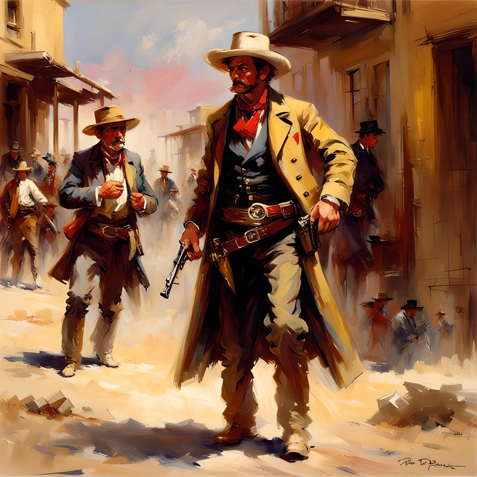 Old west gunfighter in the old west, facing his opponent in the street, art by pino daeni